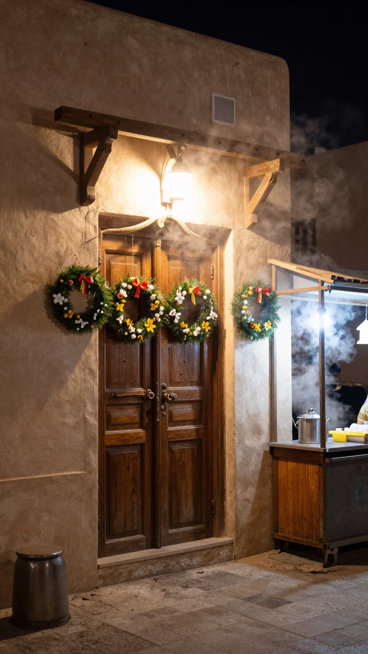 Late Night Muscat Street Scene with Traditional Door Wreaths and Steam Haze in in Muscat, Oman
