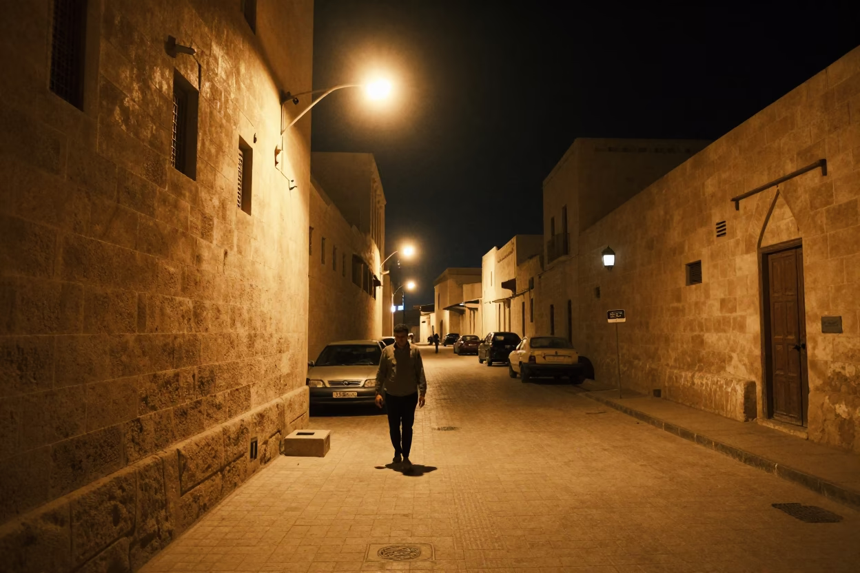 Late Night Muscat Street Scene with Vintage 1970s Charm and Local Details in in Muscat, Oman