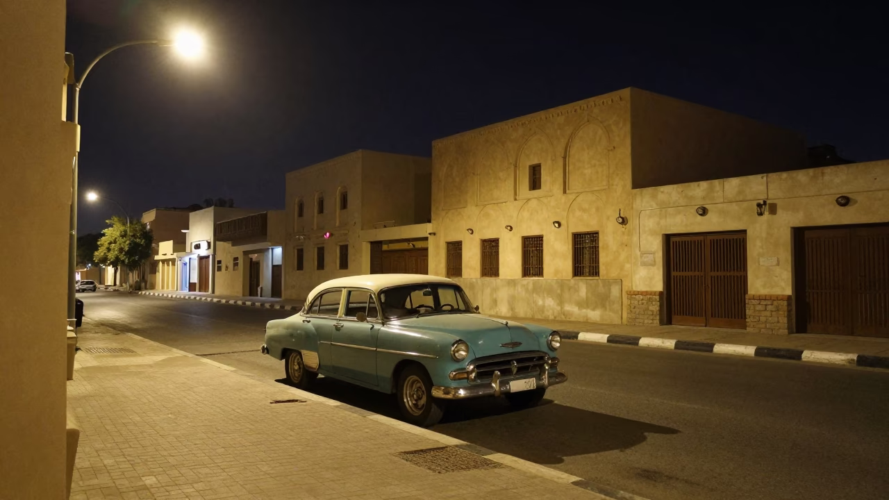 Late Night Muscat Street Scene with Vintage Car and Traditional Architecture in in Muscat, Oman