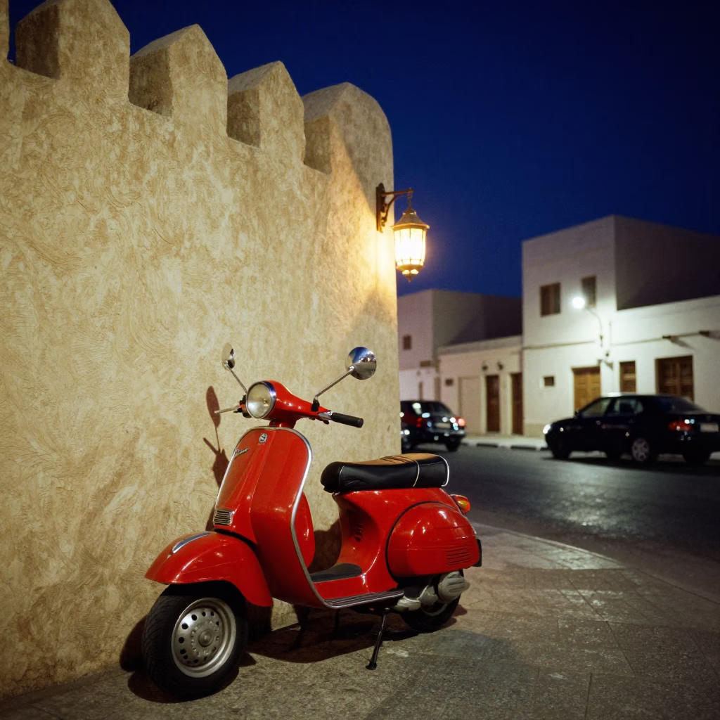 Late Night Muscat Street Scene with Vintage Vespa and Traditional Lanterns in in Muscat, Oman