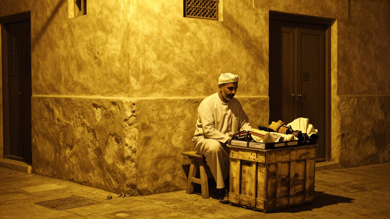 Late Night Muscat Street Vendor Scene with Wooden Stool and Fruit Crate in in Muscat, Oman