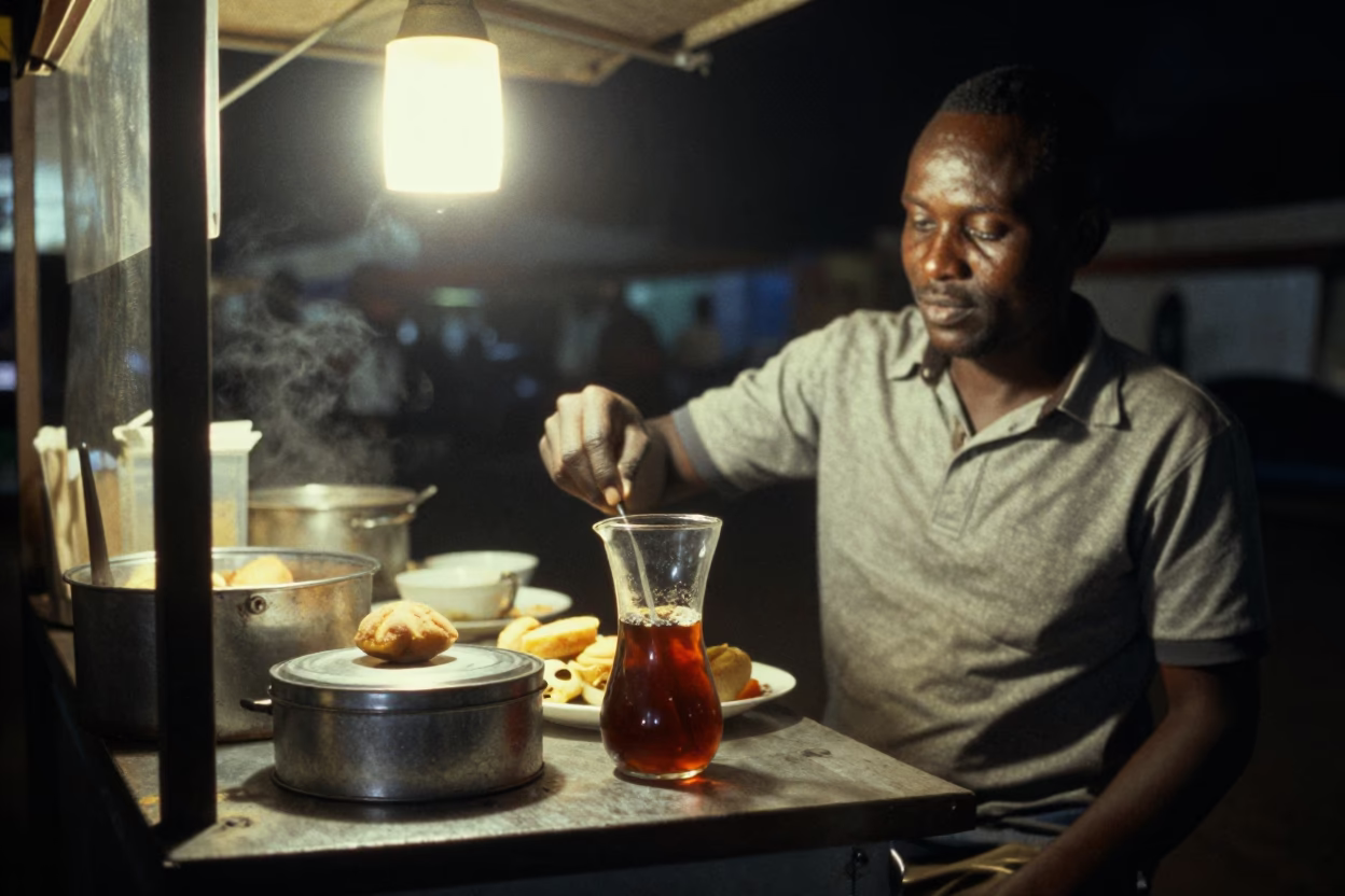 Late Night Nairobi Street Food Stall with Carafe and Biscuit Tin in in Nairobi, Kenya