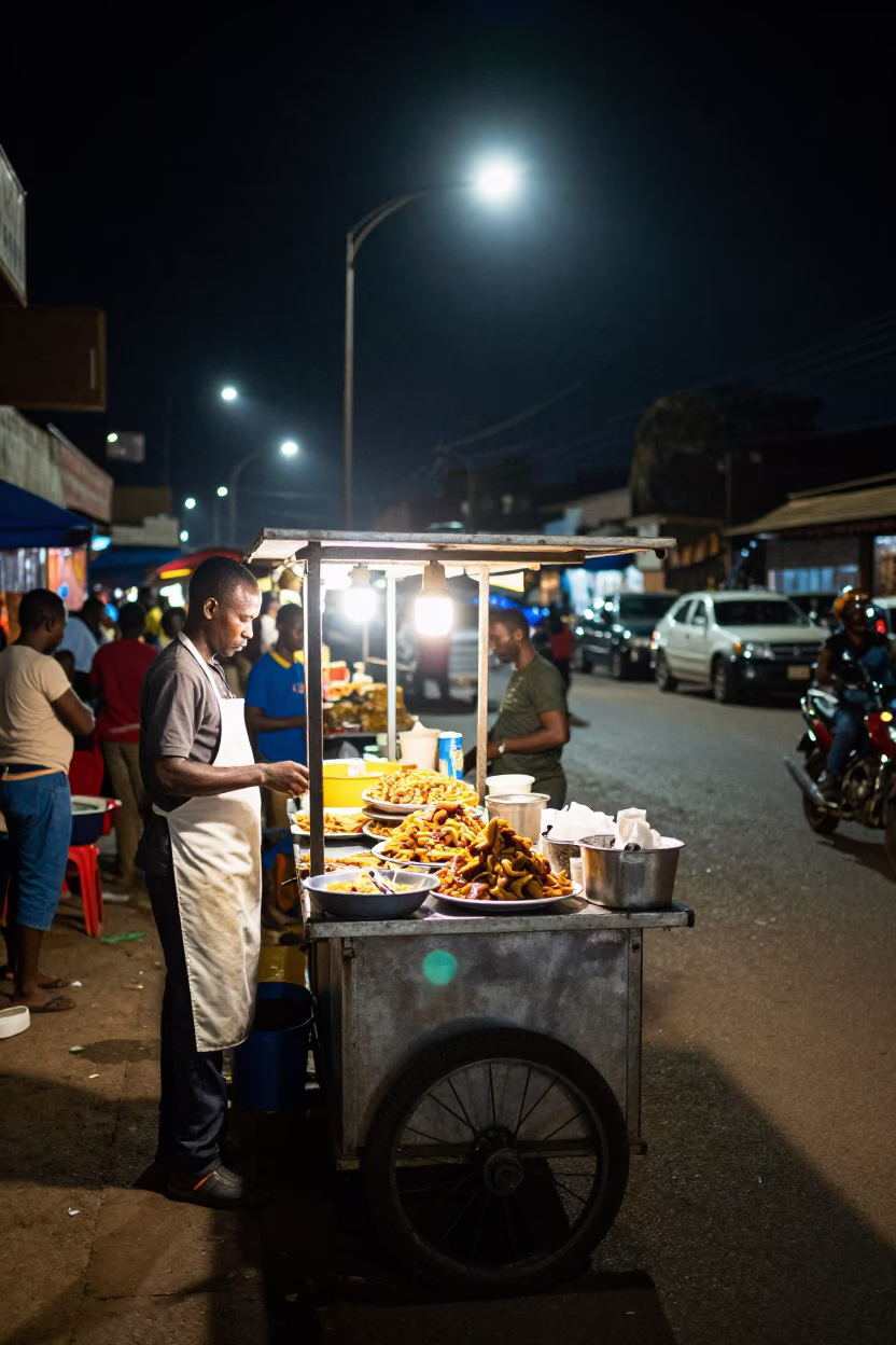 Late Night Nairobi Street Food Stall with Plate of Currywurst and Fries Under Streetlight in in Nairobi, Kenya