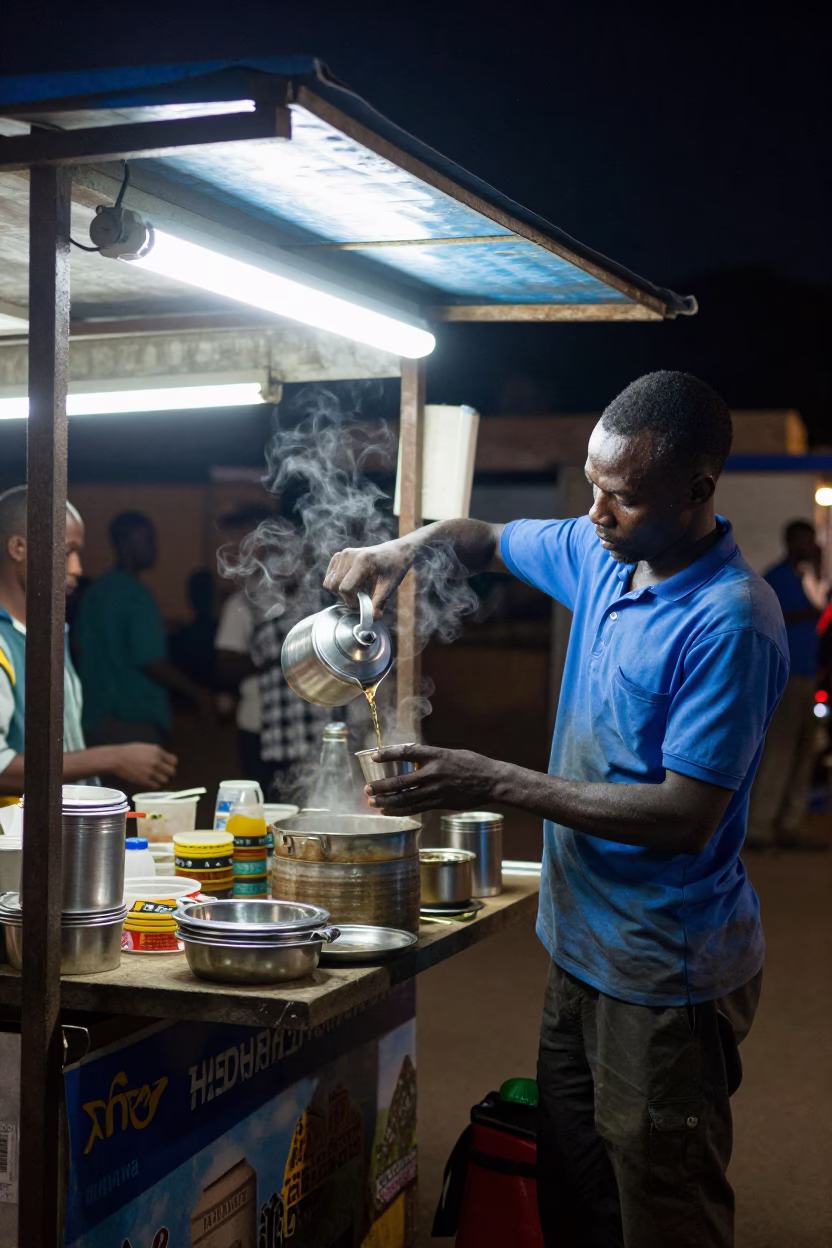 Late Night Nairobi Street Food Stall with Tea Canister and Sugarcane Juice in in Nairobi, Kenya