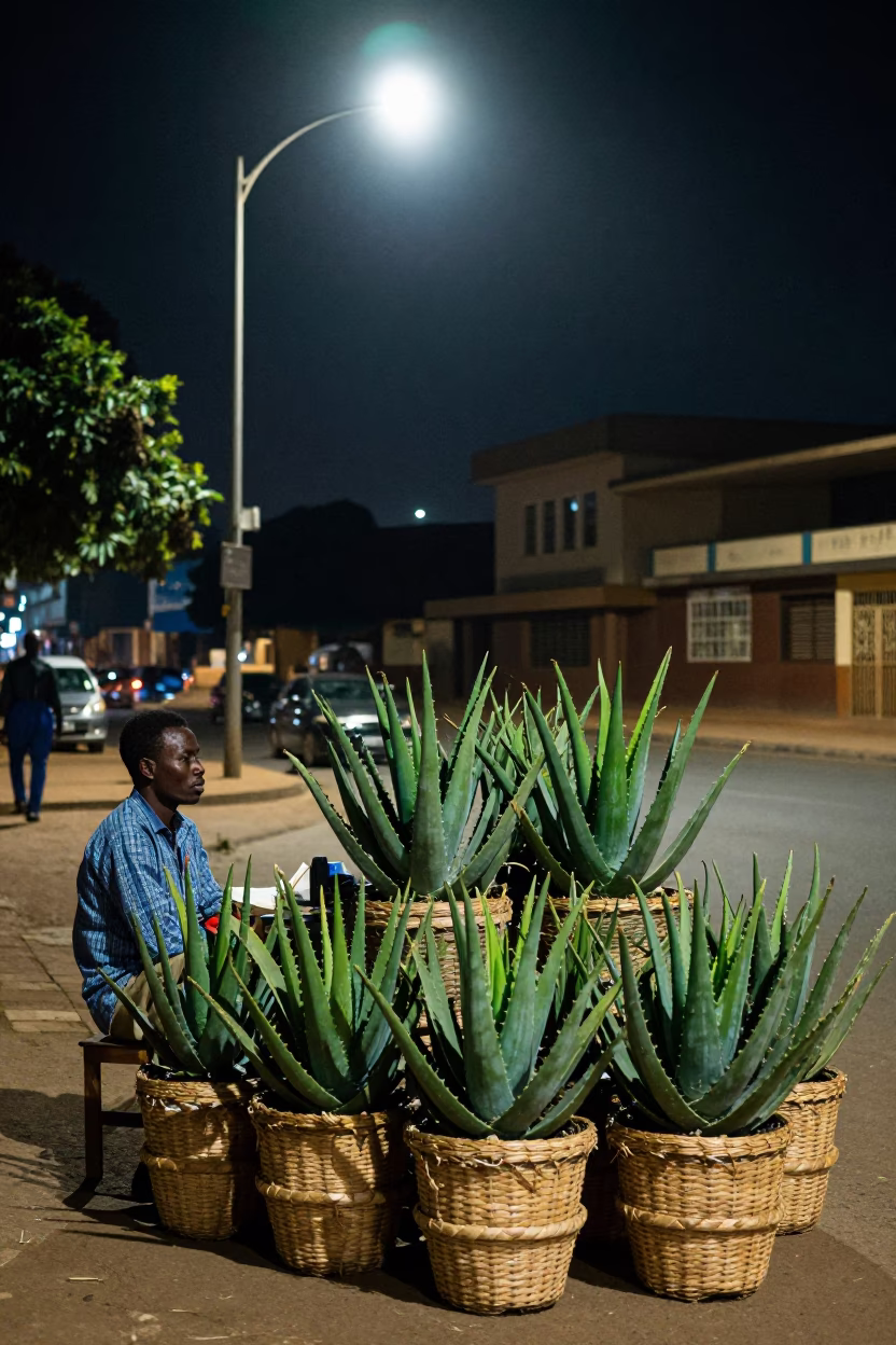 Late Night Nairobi Street Scene with Aloe Vera and Local Interaction in in Nairobi, Kenya