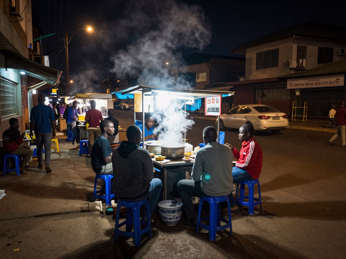 Late Night Nairobi Street Scene with Blue Porcelain Bowl and Linen Napkin in in Nairobi, Kenya