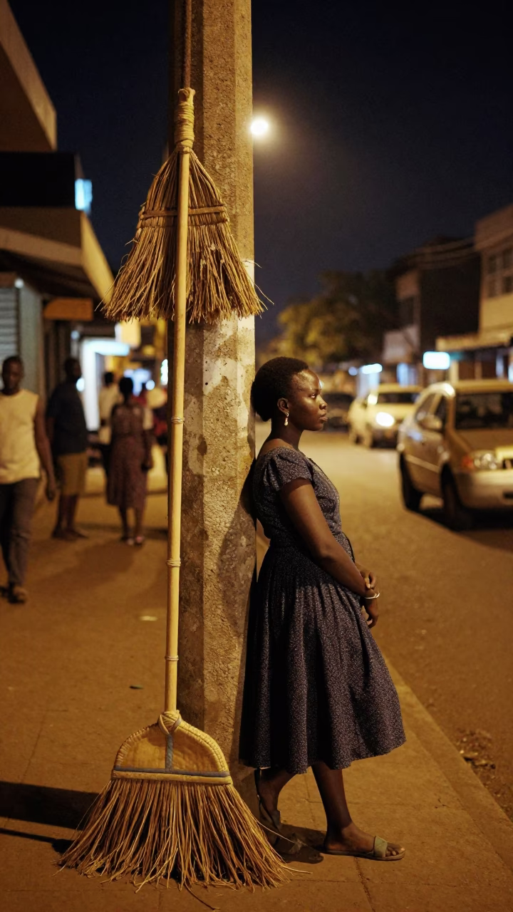 Late Night Nairobi Street Scene with Broom and Woven Basket Fibers in in Nairobi, Kenya