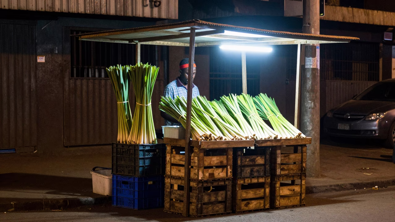 Late Night Nairobi Street Scene with Fruit Crate and Lemongrass Vendor in in Nairobi, Kenya