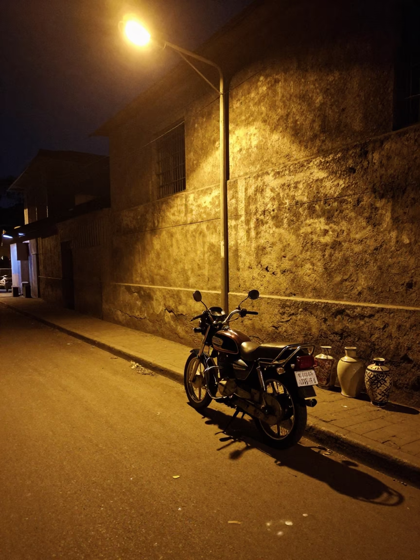 Late Night Nairobi Street Scene with Motorcycle and Ceramic Bowl in in Nairobi, Kenya