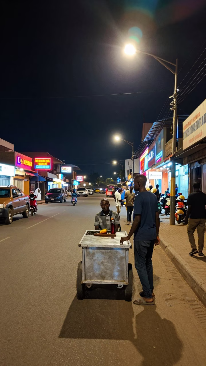 Late Night Nairobi Street Scene with Neon Lights and Local Vendors in in Nairobi, Kenya