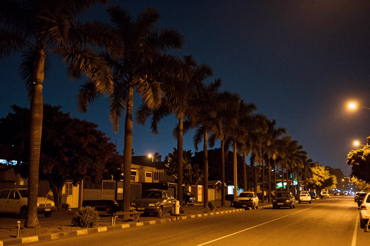 Late Night Nairobi Street Scene with Palm Trees and Streetlights Under Deep Night Sky in in Nairobi, Kenya