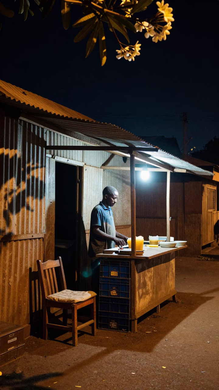 Late Night Nairobi Street Scene with Vintage Frangipani Branch and Urban Details in in Nairobi, Kenya