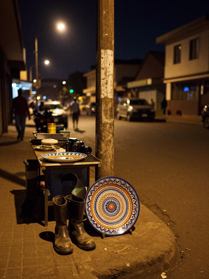Late Night Nairobi Street Scene with Vintage Majolica Plate and Boot Scraper in in Nairobi, Kenya