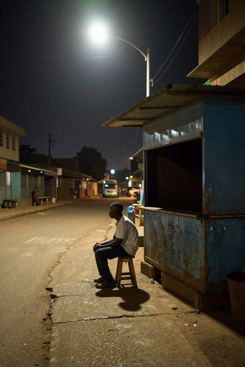 Late Night Nairobi Street Scene with Wooden Stool and Turkish Coffee Cup in in Nairobi, Kenya
