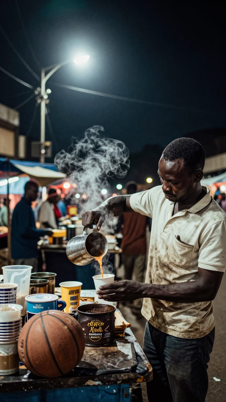 Late Night Nairobi Street Stall with Coffee and Basketball in Urban Kenya in in Nairobi, Kenya