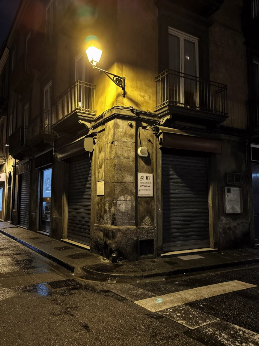 Late Night Naples Street Corner with Dim Streetlights and Urban Details in in Naples, Italy