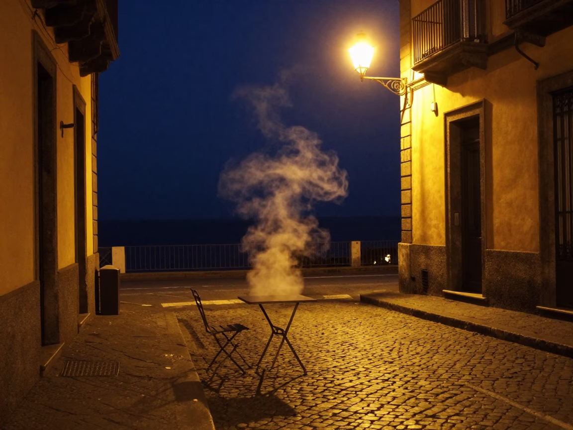 Late Night Naples Street Corner with Steam Rising From Hot Coffee Cup in in Naples, Italy
