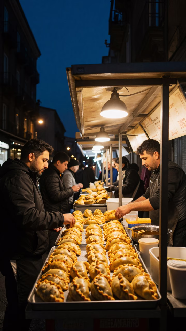Late Night Naples Street Food Stall with Empanadas Under Deep Night Sky in in Naples, Italy