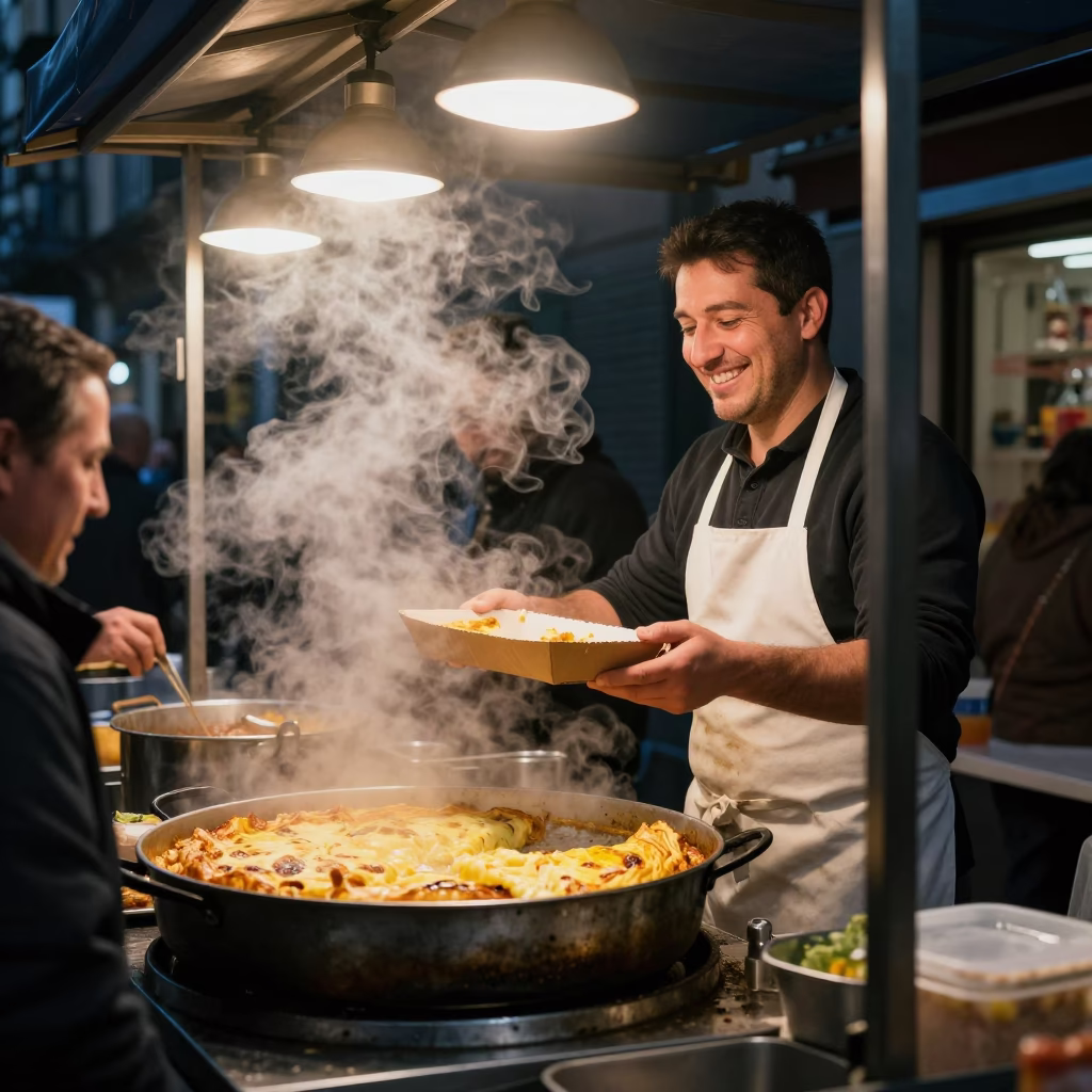 Late Night Naples Street Food Stall with Steam and Local Interaction in in Naples, Italy