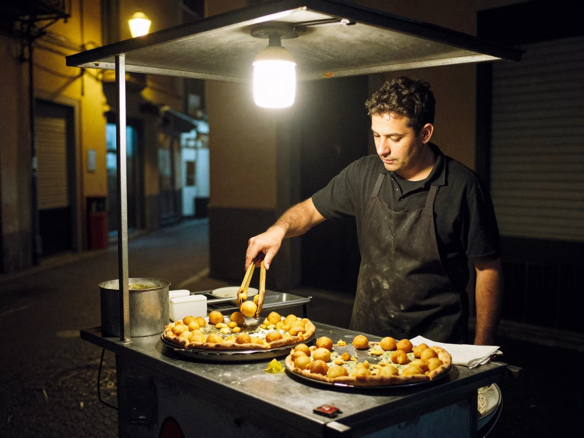 Late Night Naples Street Food Vendor Serving Fried Pizza and Fritole Under Streetlamp in in Naples, Italy