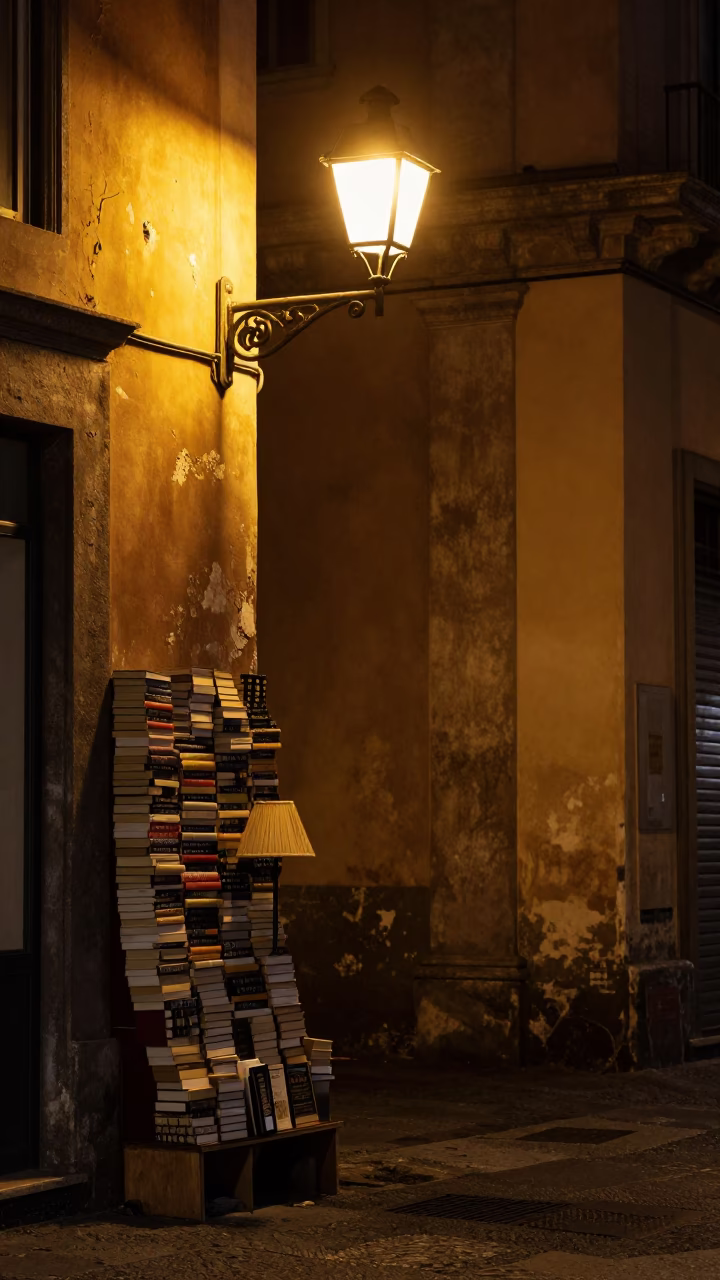 Late Night Naples Street Scene with Books and Lampshade in in Naples, Italy