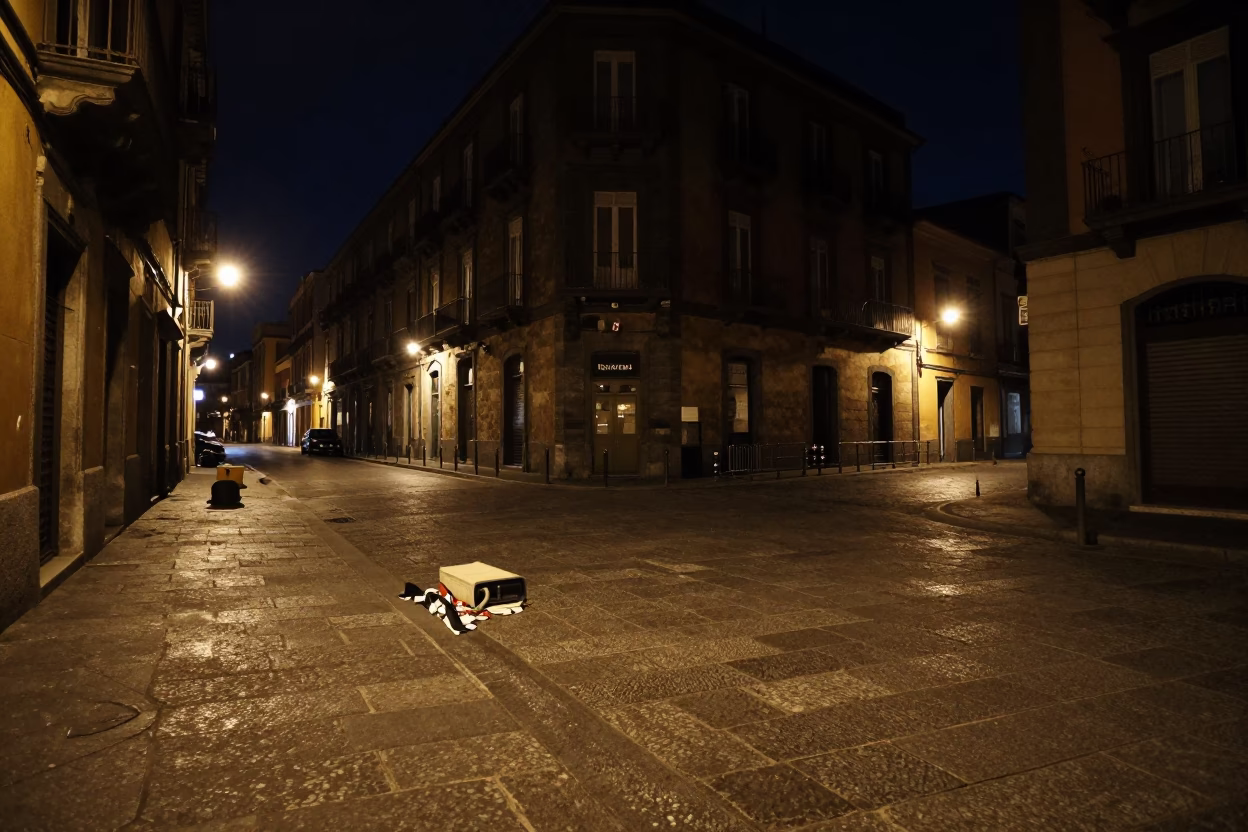 Late Night Naples Street Scene with Boot Scraper and Wicker Shadow in in Naples, Italy