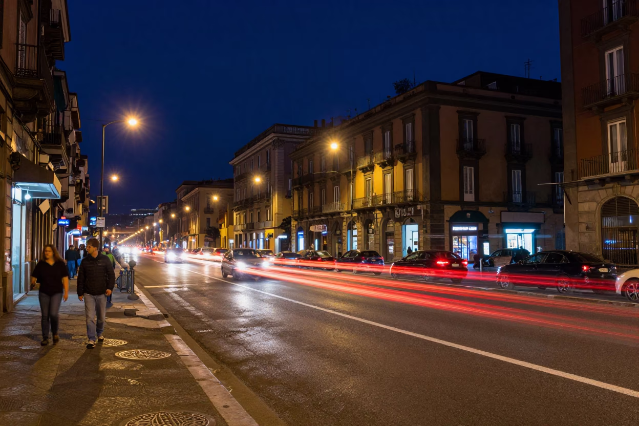 Late Night Naples Street Scene with Car Headlight Trails and Urban Life in in Naples, Italy