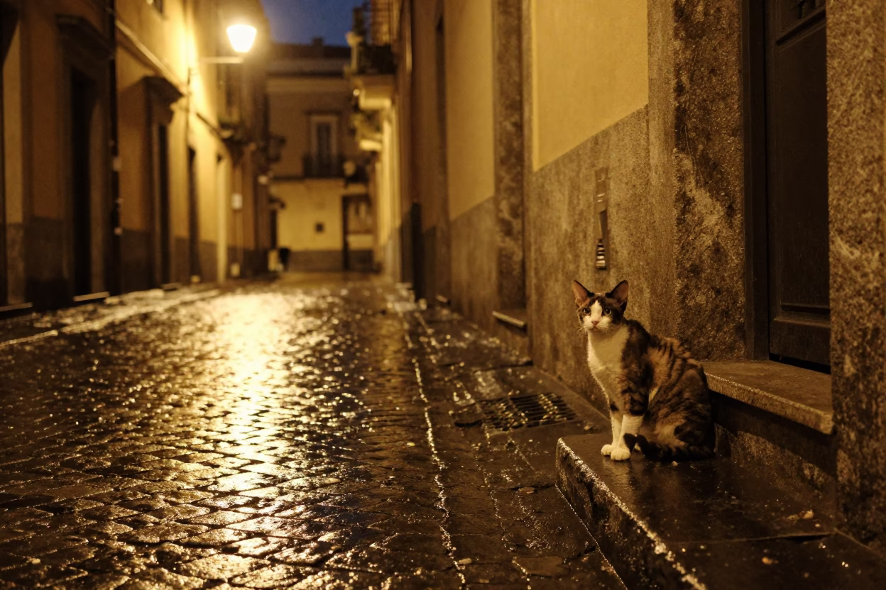 Late Night Naples Street Scene with Cat and Dusty Tiles in in Naples, Italy