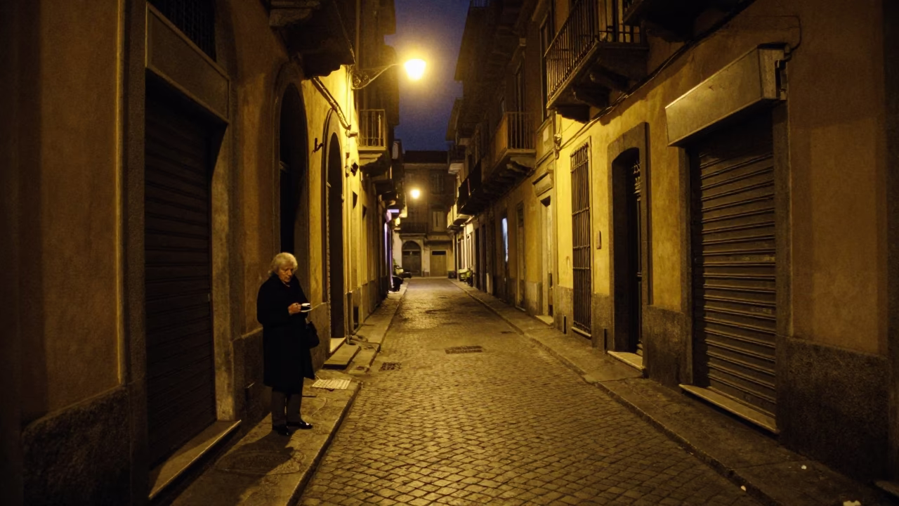 Late Night Naples Street Scene with Espresso Cup and Umbrellas in in Naples, Italy