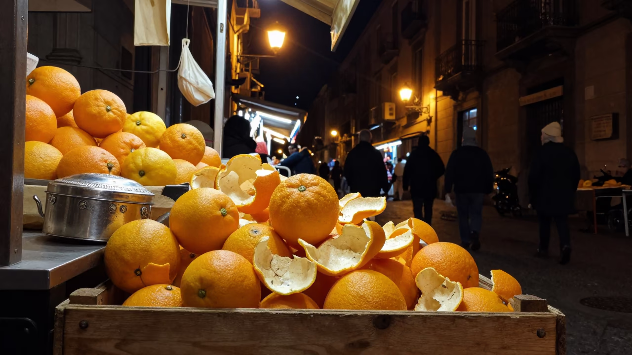 Late Night Naples Street Scene with Fresh Citrus Peels and Tiffin Tin in in Naples, Italy