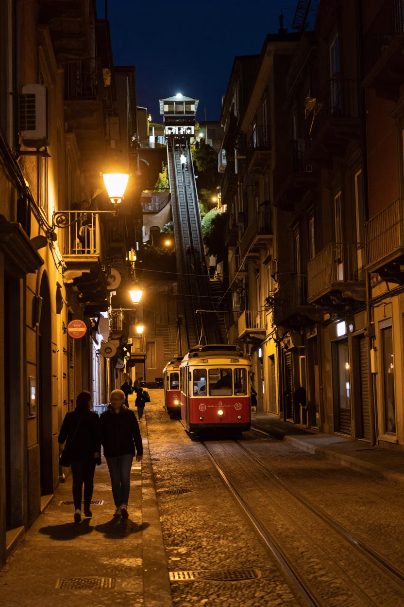 Late Night Naples Street Scene with Funicular and Affogato in in Naples, Italy