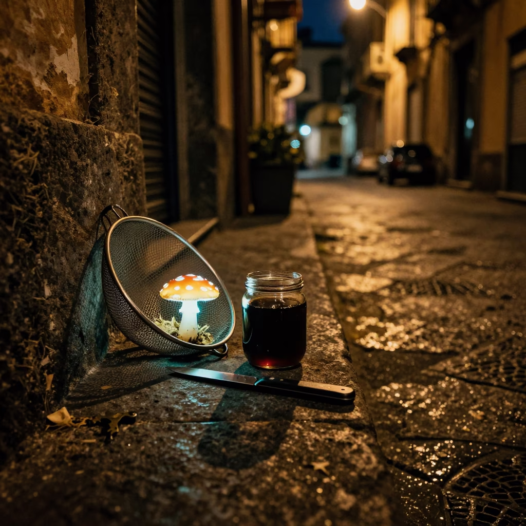 Late Night Naples Street Scene with Glowing Mushroom and Local Items in in Naples, Italy