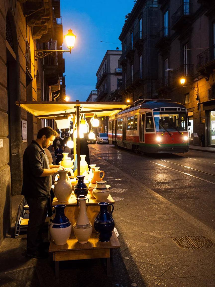 Late Night Naples Street Scene with Monorail and Ceramic Pitcher in in Naples, Italy