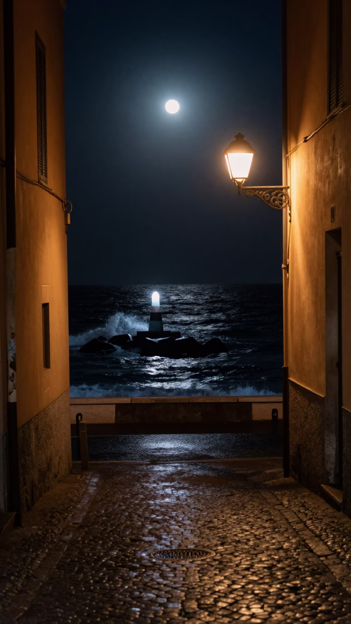 Late Night Naples Street Scene with Moonlit Surf and Coastal Beacon in in Naples, Italy