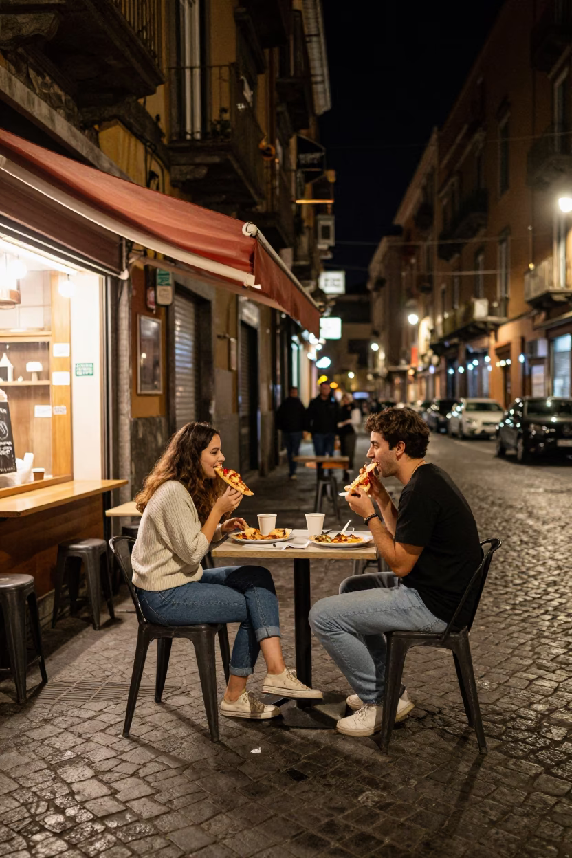 Late Night Naples Street Scene with Pizza Slice and Glass Tumblers in in Naples, Italy