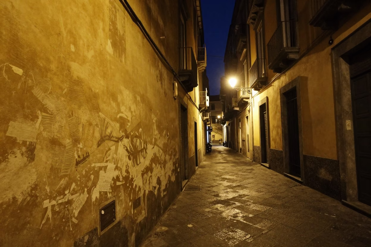 Late Night Naples Street Scene with Scratched Plaster Walls and Dim Street Lighting in in Naples, Italy