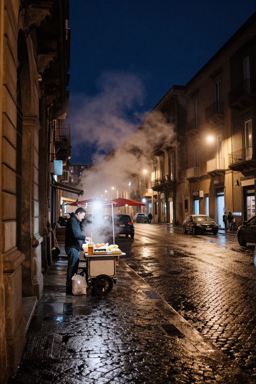 Late Night Naples Street Scene with Steam Haze and Urban Details in in Naples, Italy