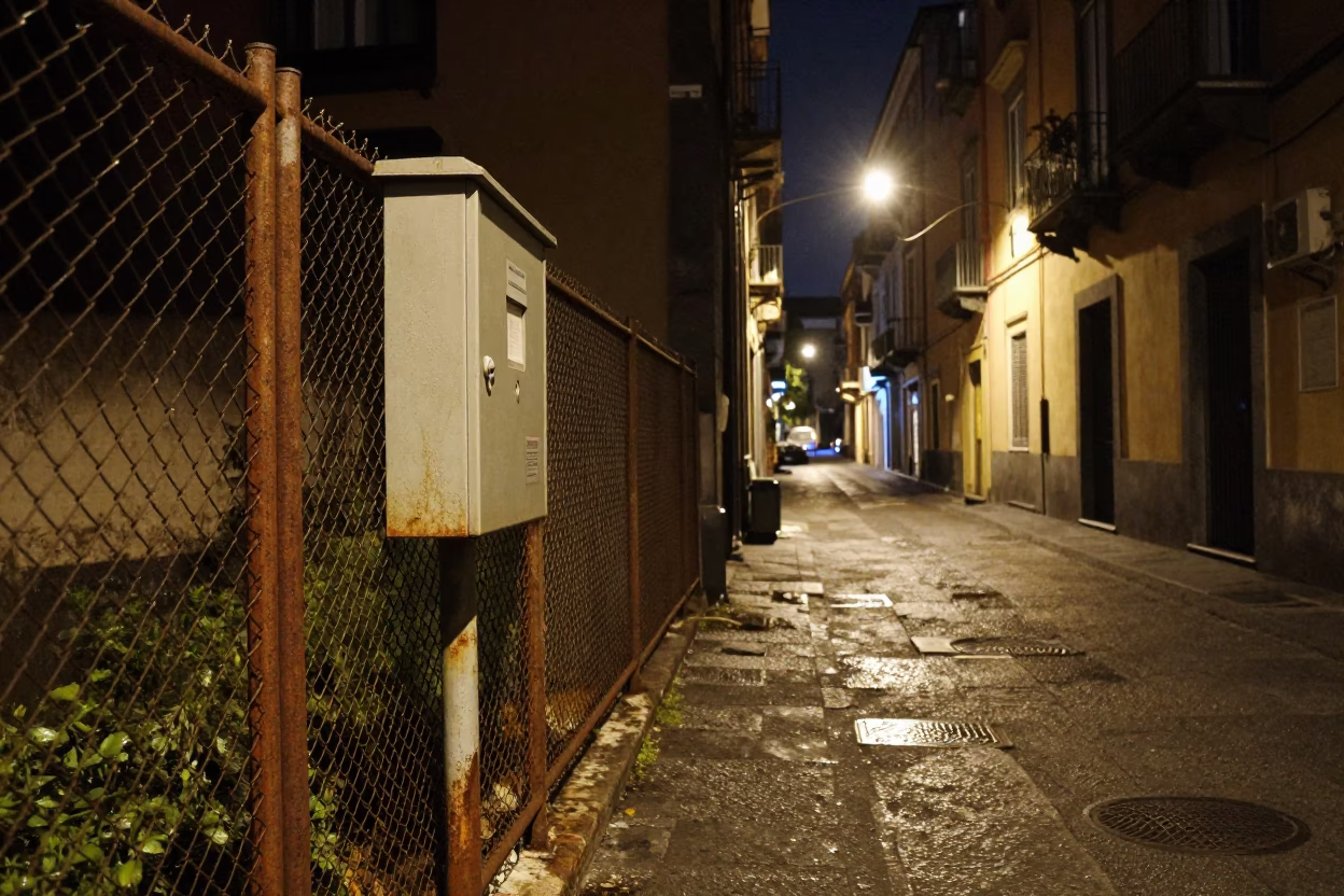 Late Night Naples Street Scene with Substation Fence and Terracotta Pot in in Naples, Italy