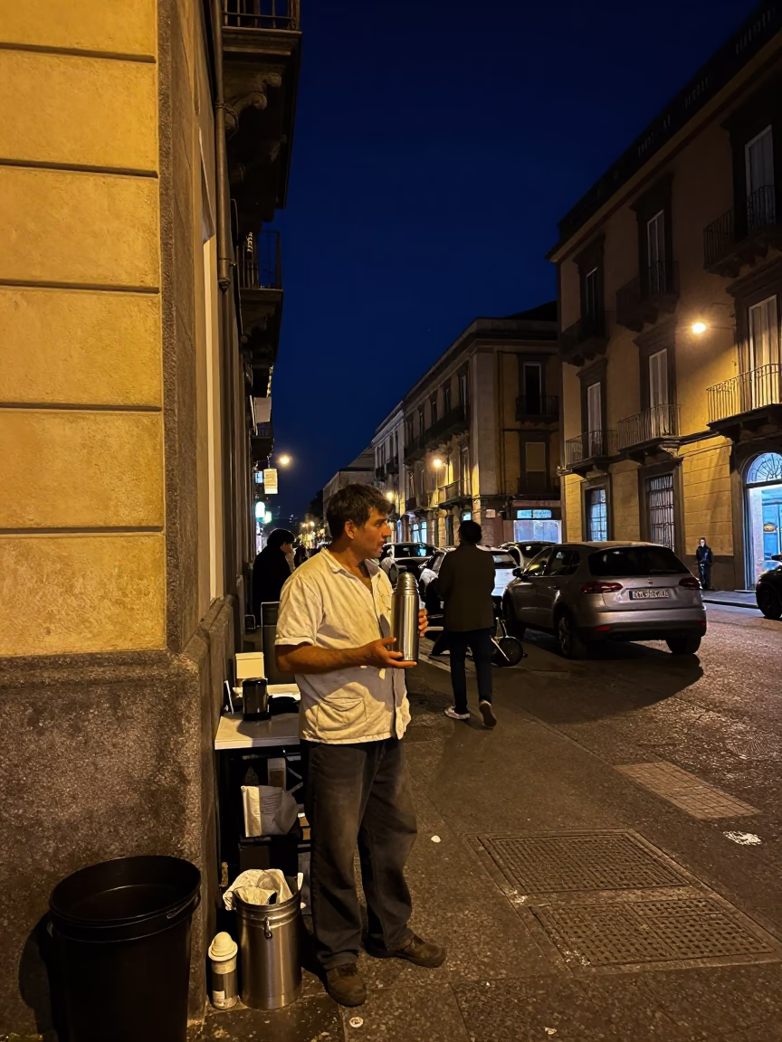 Late Night Naples Street Scene with Thermos and Salt Cellar Under Deep Night Sky in in Naples, Italy