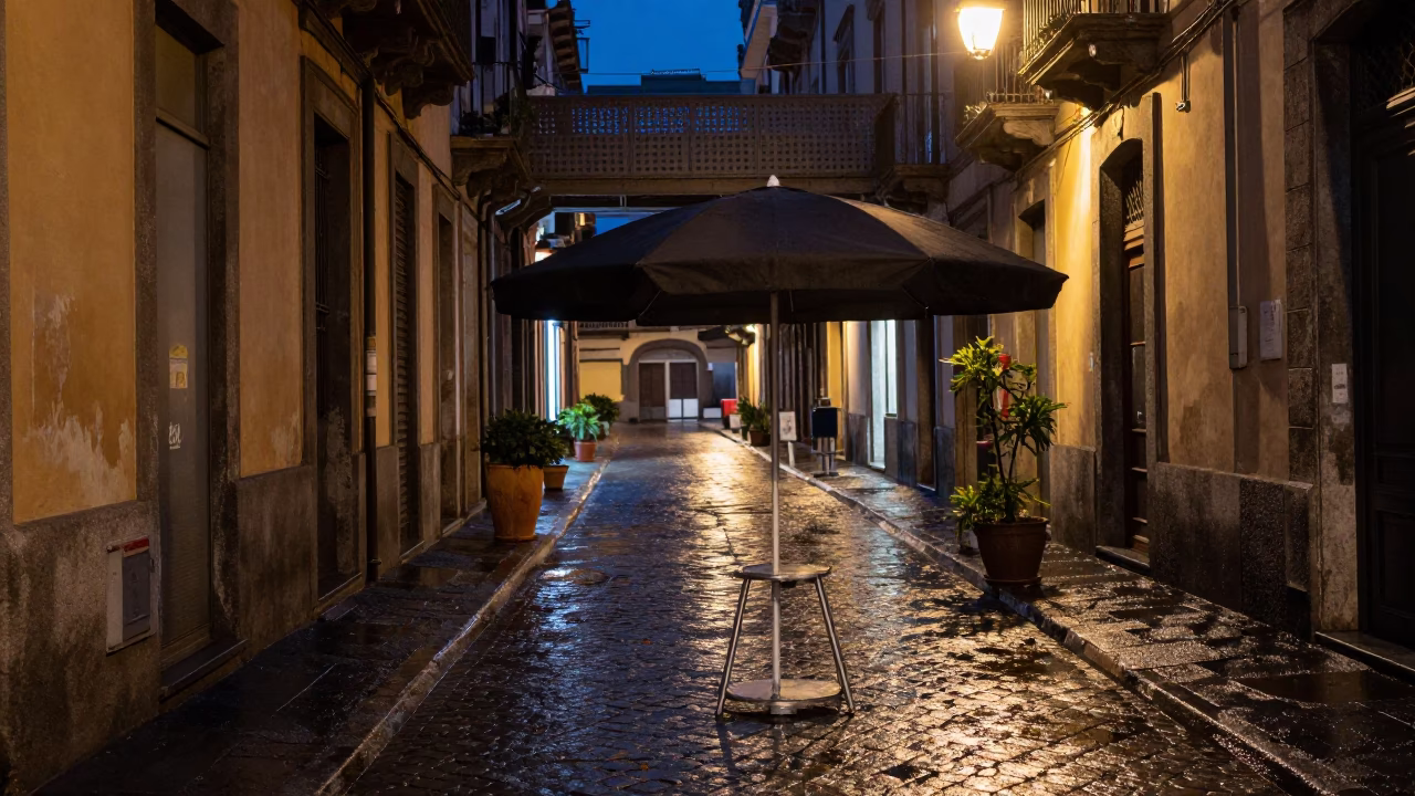 Late Night Naples Street Scene with Umbrella Stand and Wet Cobblestones in in Naples, Italy