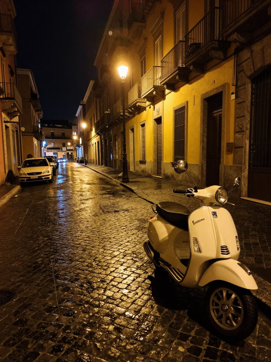 Late Night Naples Street Scene with Vintage 1980s Aesthetic and Local Details in in Naples, Italy