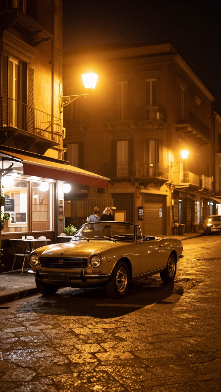 Late Night Naples Street Scene with Vintage Car and Neon Signage in in Naples, Italy