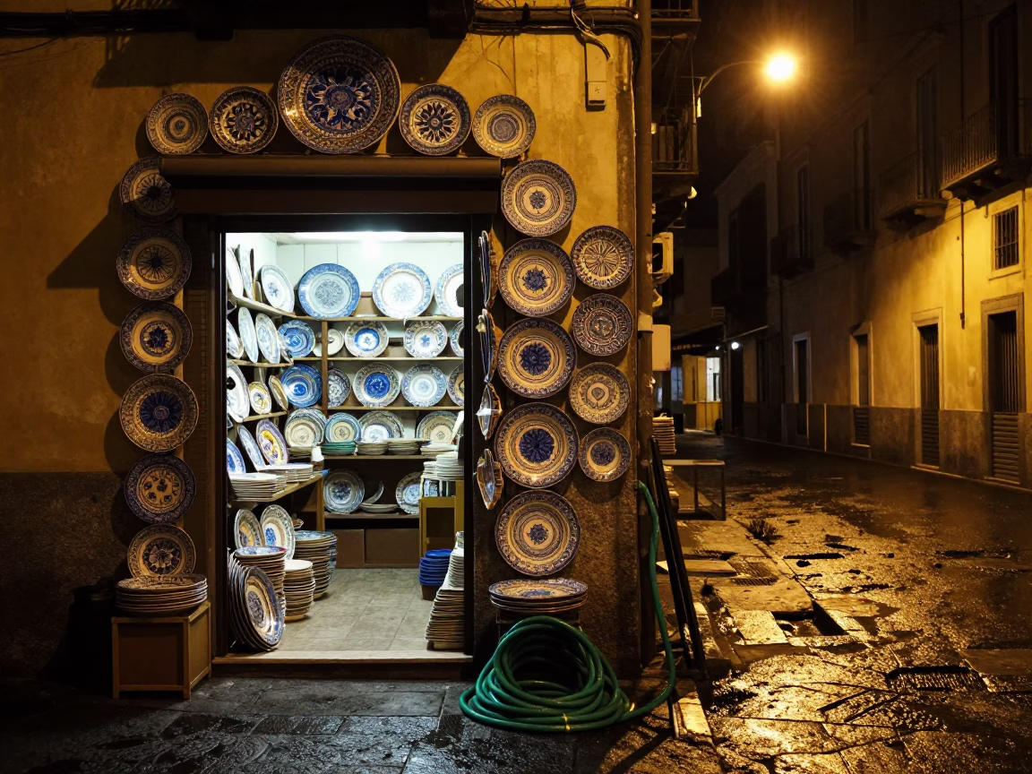 Late Night Naples Street Scene with Vintage Majolica Plate and Garden Hose in in Naples, Italy
