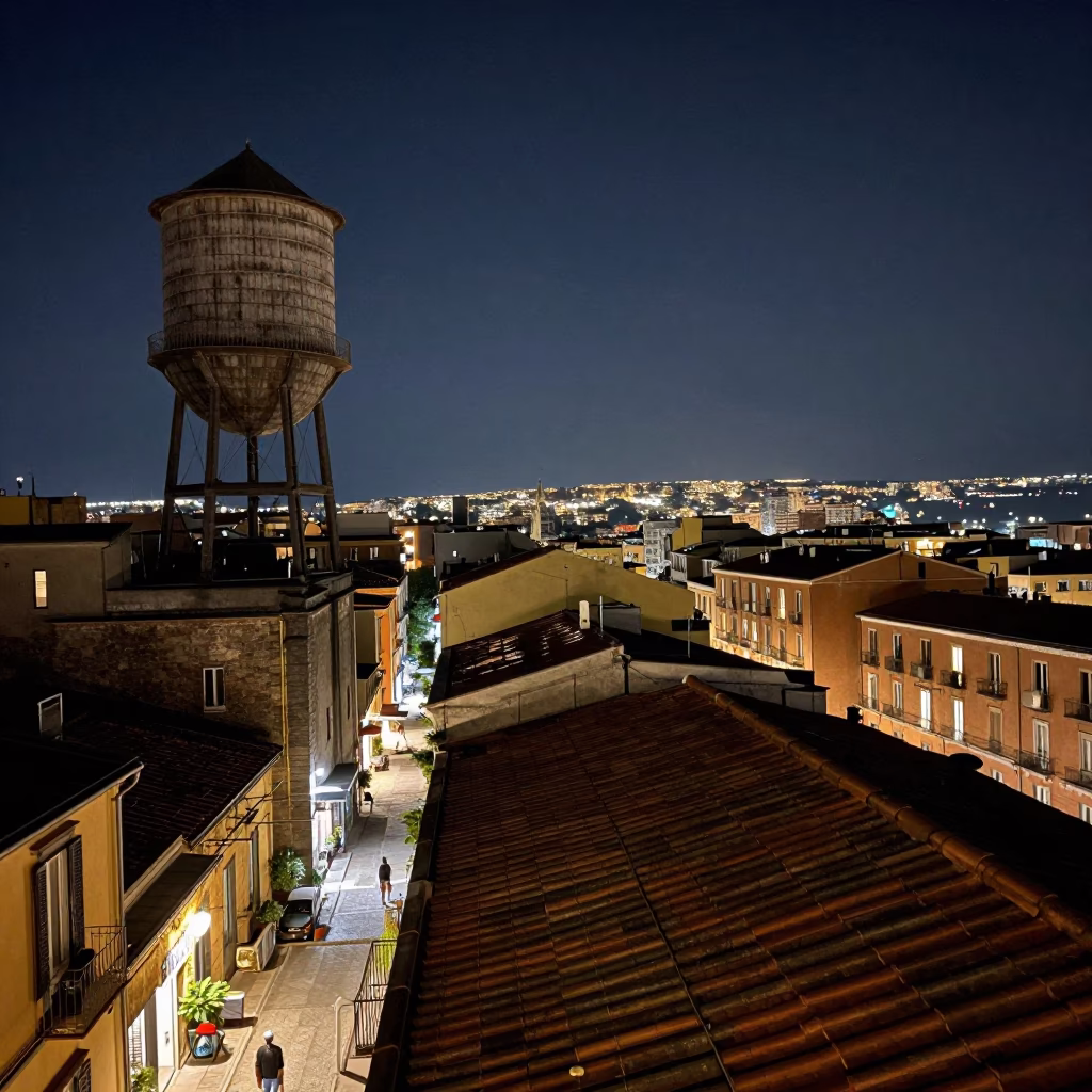 Late Night Naples Street Scene with Water Tower and Canisters in in Naples, Italy