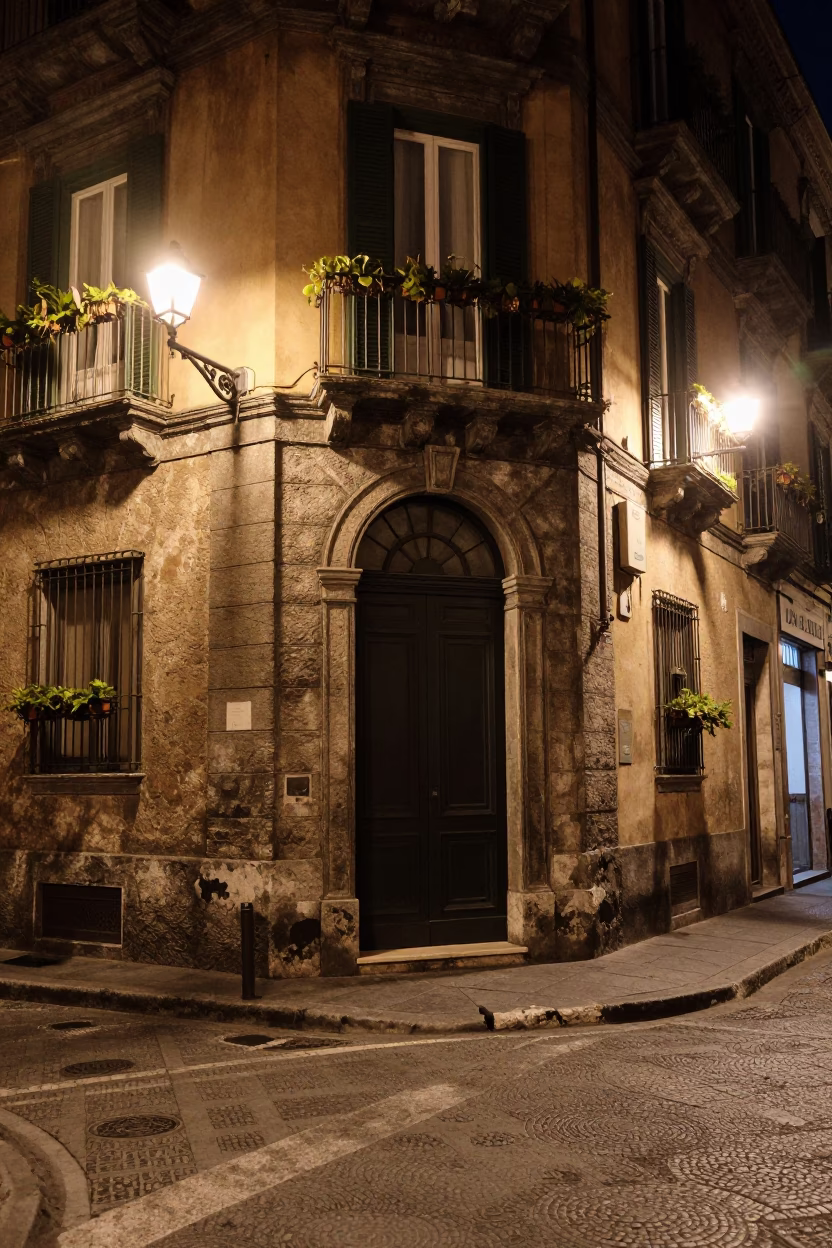 Late Night Naples Street Scene with Window Box and Doorframe Detail in in Naples, Italy