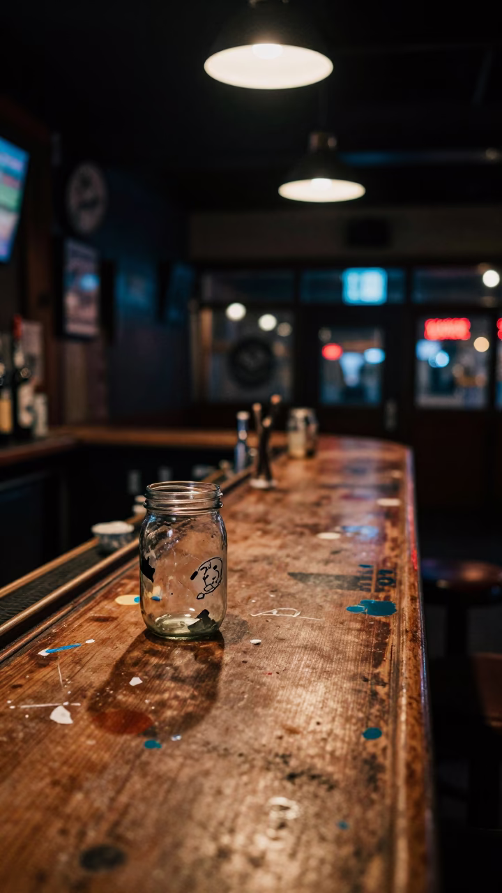 Late Night Nashville Bar Counter with Paint Flecks and Glass Jar in Tennessee in in Nashville, Tennessee, United States