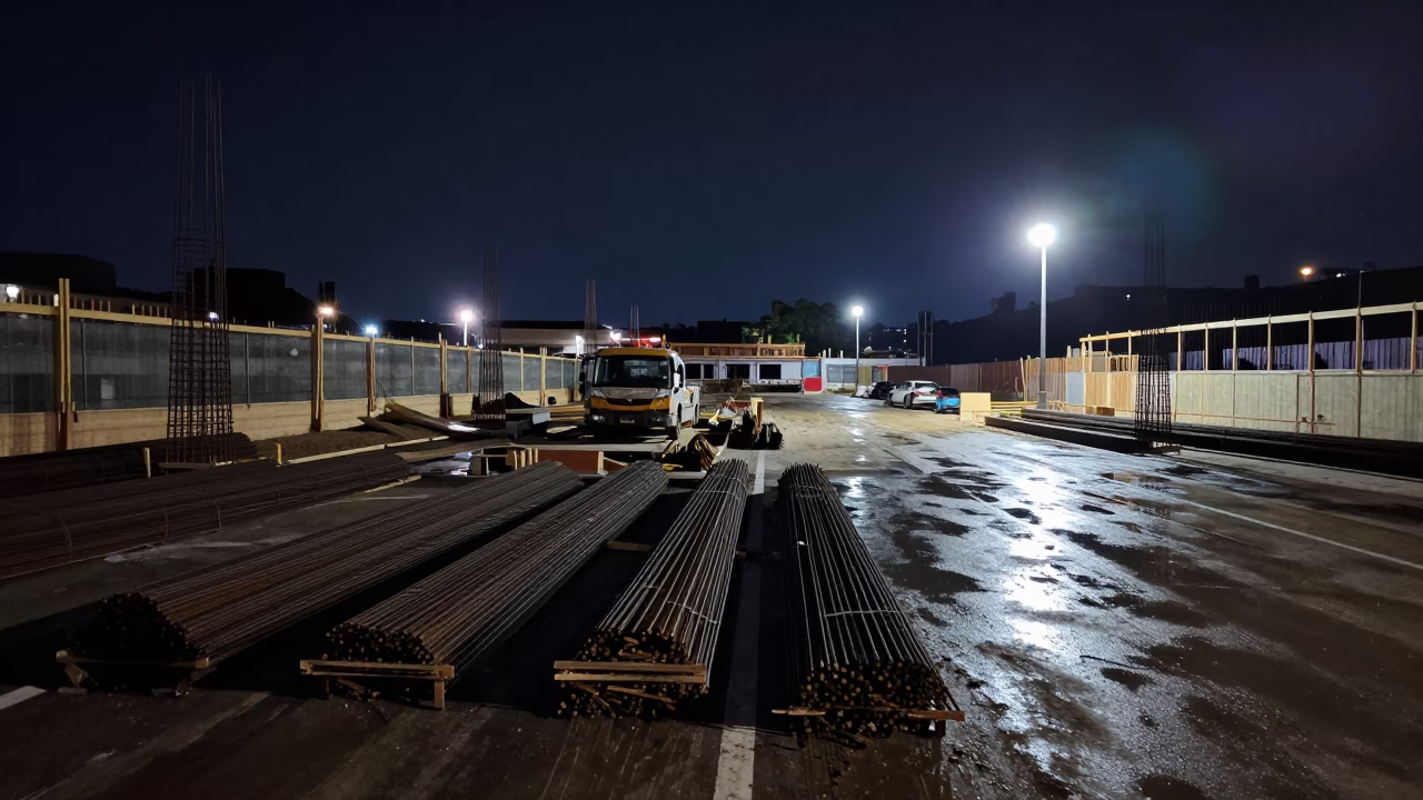 Late Night Nashville Construction Site with Rebar Bundles and Elevator Gate in in Nashville, Tennessee, United States