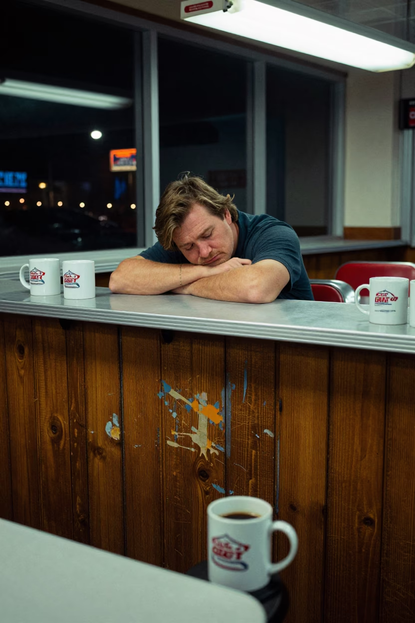 Late Night Nashville Diner Counter with Coffee Mugs and Worn Wood Knife Marks in in Nashville, Tennessee, United States