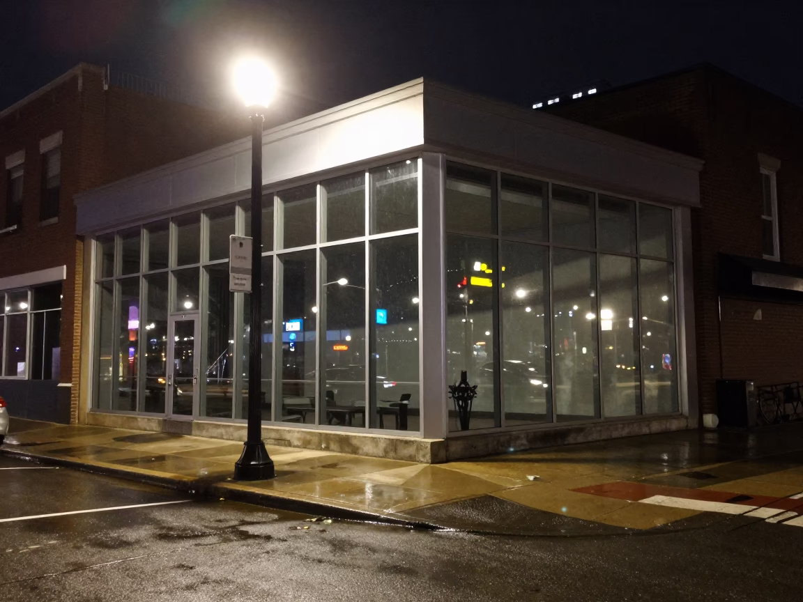 Late Night Nashville Street Corner with Clear Glass Wall and Camp Stool in in Nashville, Tennessee, United States