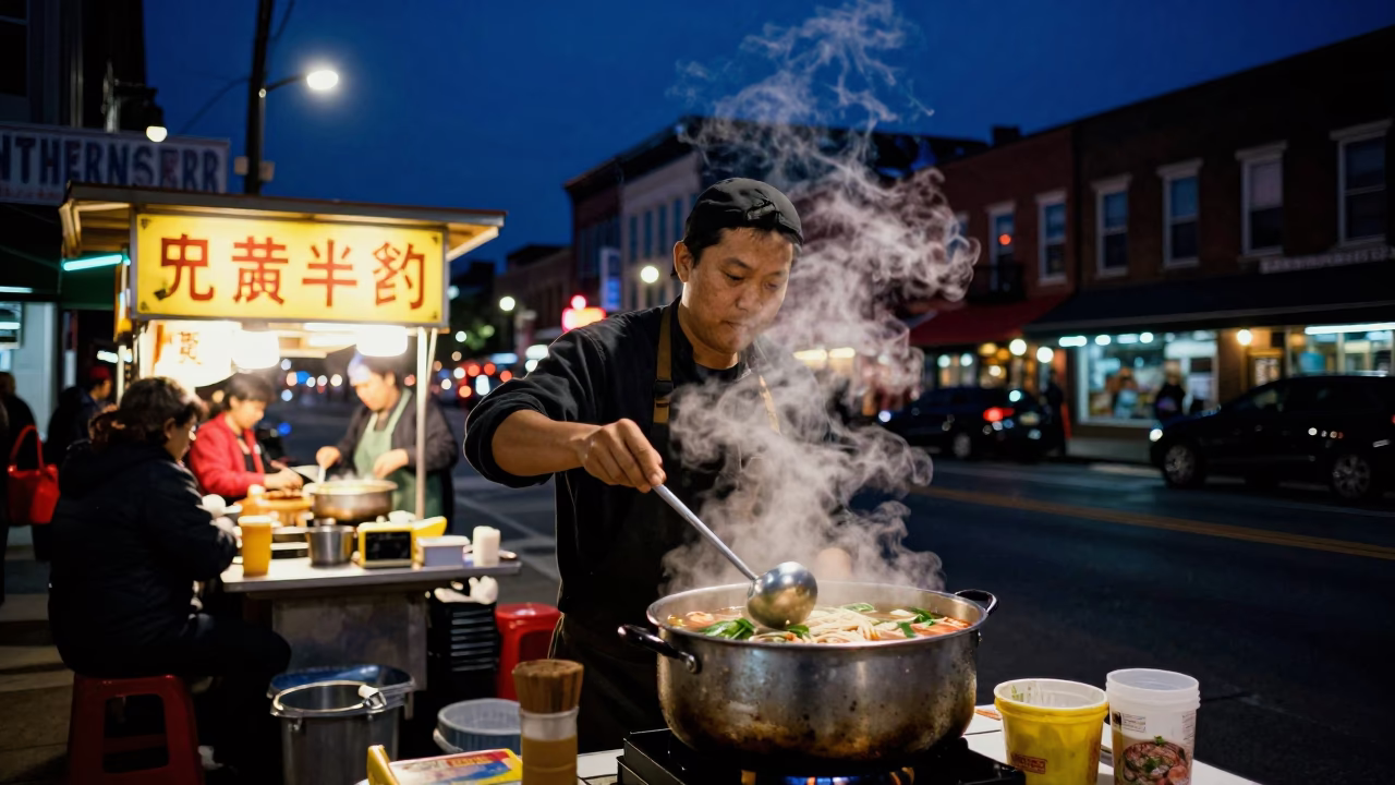 Late Night Nashville Street Food Vendor Serving Steaming Pho Under Deep Night Sky in in Nashville, Tennessee, United States